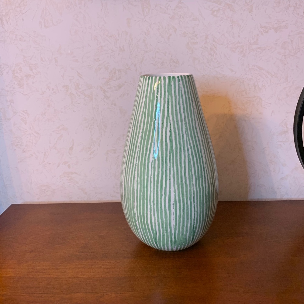 Green and White Striped Vase